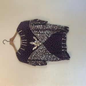 Candlelight By Jainsons International 100% Silk Purple Sequin Embellished Top Lg